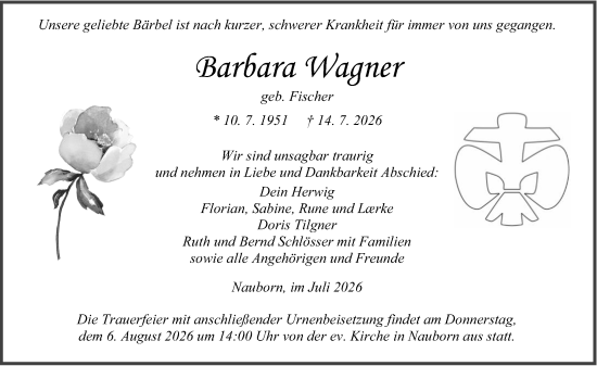 Traueranzeige von Barbara Wagner von Wetzlarer Neue Zeitung