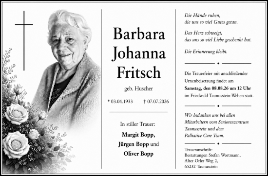 Traueranzeige von Barbara Johanna Fritsch von Wiesbadener Kurier