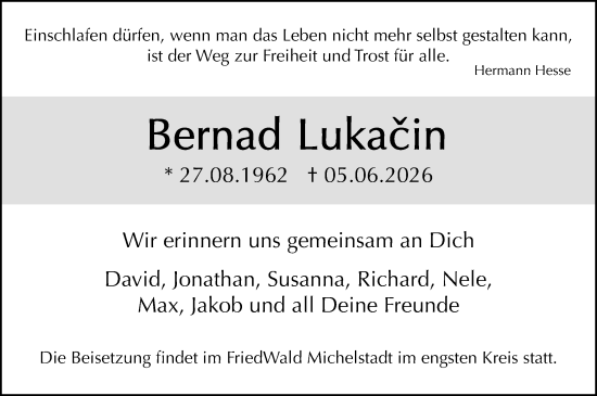 Traueranzeige von Bernad Lukacin von Odenwälder Echo