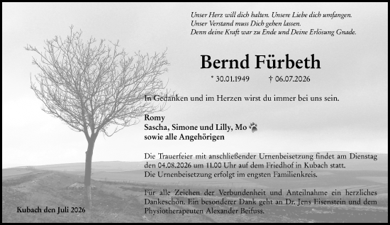 Traueranzeige von Bernd Fürbeth von Weilburger Tageblatt