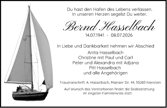 Traueranzeige von Bernd Hasselbach von Allgemeine Zeitung Mainz