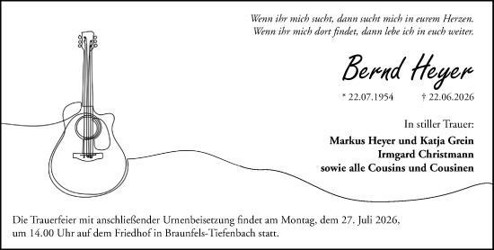 Traueranzeige von Bernd Heyer von Wetzlarer Neue Zeitung