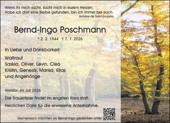 Traueranzeige von Bernd-Ingo Poschmann von Wetzlarer Neue Zeitung