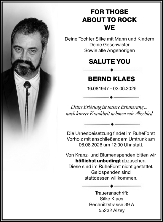 Traueranzeige von Bernd Klaes von Allgemeine Zeitung Alzey