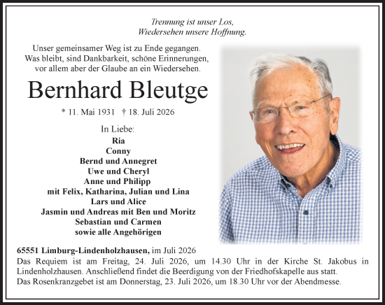 Traueranzeige von Bernhard Bleutge von Nassauische Neue Presse