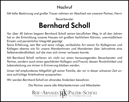 Traueranzeige von Bernhard Scholl von Wiesbadener Kurier