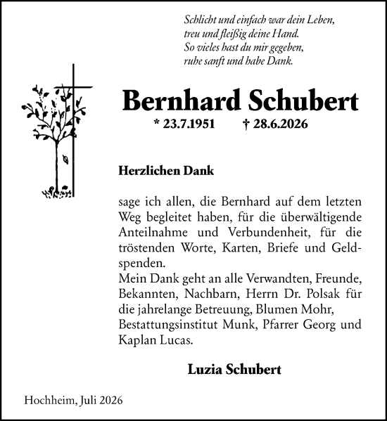 Traueranzeige von Bernhard Schubert von Hochheimer Zeitung