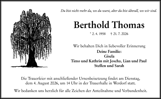 Traueranzeige von Berthold Thomas von Wetzlarer Neue Zeitung