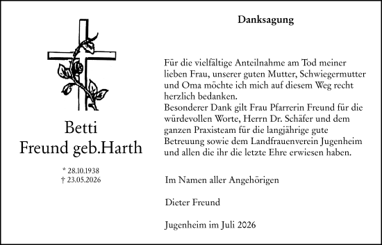 Traueranzeige von Betti Freund von Allgemeine Zeitung Mainz
