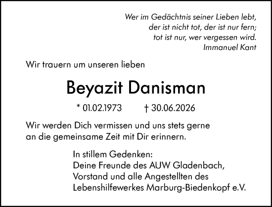 Traueranzeige von Beyazit Danisman von Hinterländer Anzeiger