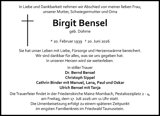 Traueranzeige von Birgit Bensel von Allgemeine Zeitung Mainz