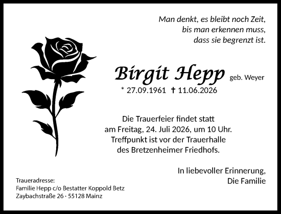 Traueranzeige von Birgit Hepp von Allgemeine Zeitung Mainz