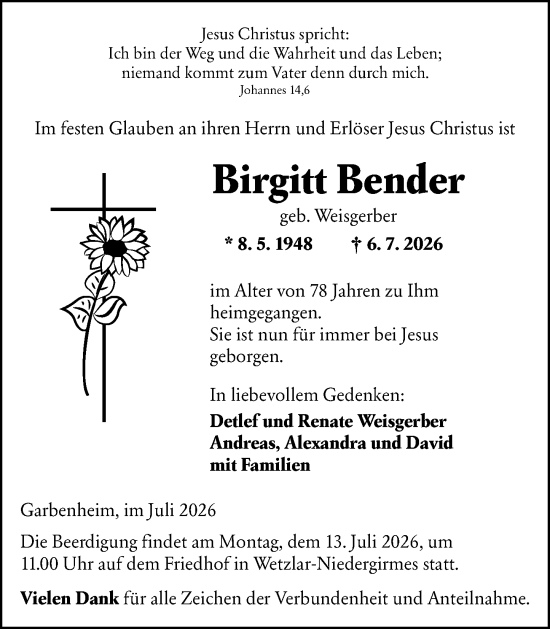 Traueranzeige von Birgitt Bender von Wetzlarer Neue Zeitung