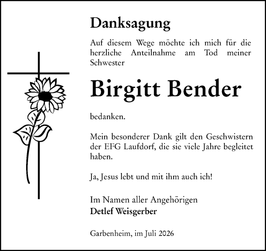Traueranzeige von Birgitt Bender von Wetzlarer Neue Zeitung