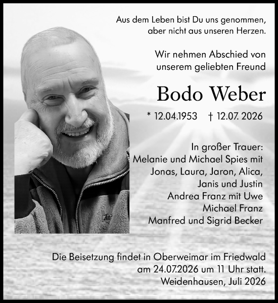 Traueranzeige von Bodo Weber von Hinterländer Anzeiger
