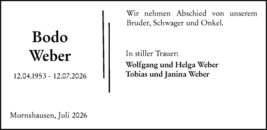Traueranzeige von Bodo Weber von Hinterländer Anzeiger