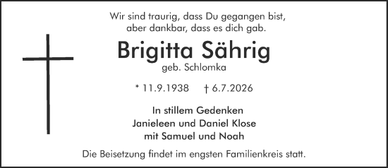 Traueranzeige von Brigitta Sährig von Darmstädter Echo