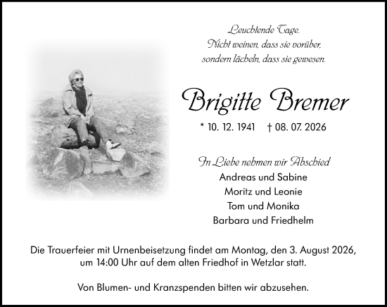 Traueranzeige von Brigitte Bremer von Wetzlarer Neue Zeitung