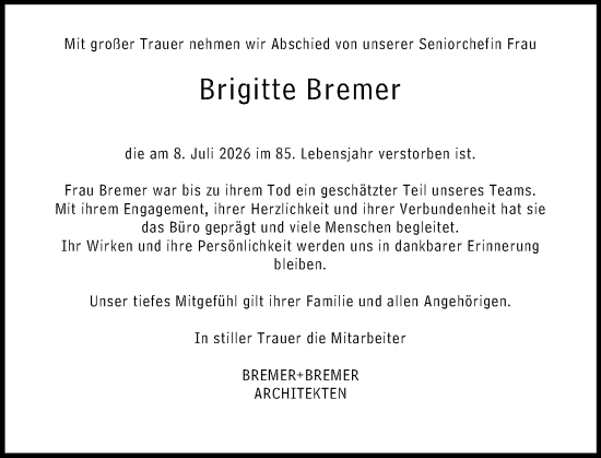 Traueranzeige von Brigitte Bremer von Wetzlarer Neue Zeitung