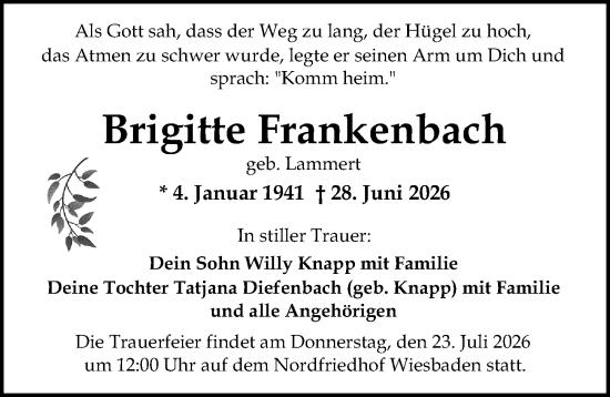Traueranzeige von Brigitte Frankenbach von Wiesbadener Kurier