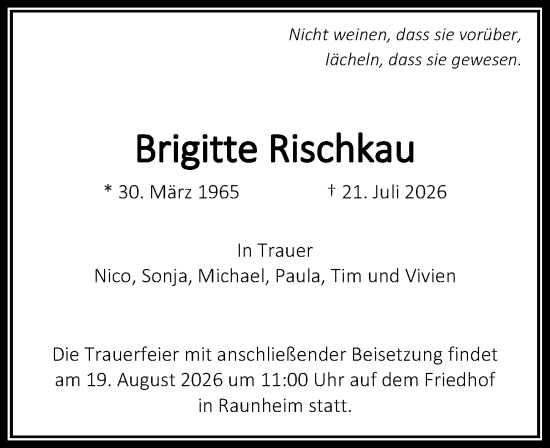 Traueranzeige von Brigitte Rischkau von Rüsselsheimer Echo