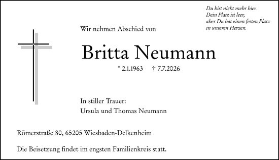 Traueranzeige von Britta Neumann von Wiesbadener Kurier