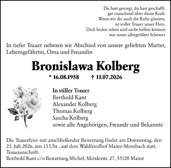 Traueranzeige von Bronislawa Kolberg von Allgemeine Zeitung Mainz