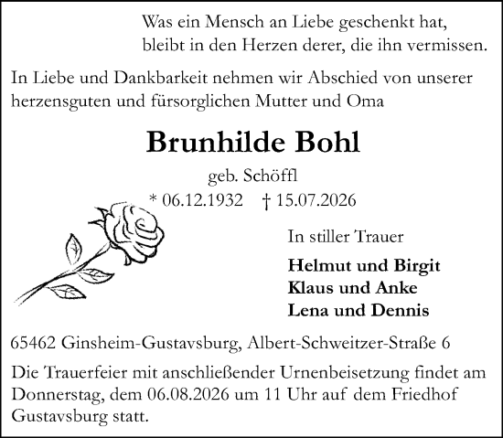 Traueranzeige von Brunhilde Bohl von Allgemeine Zeitung Mainz