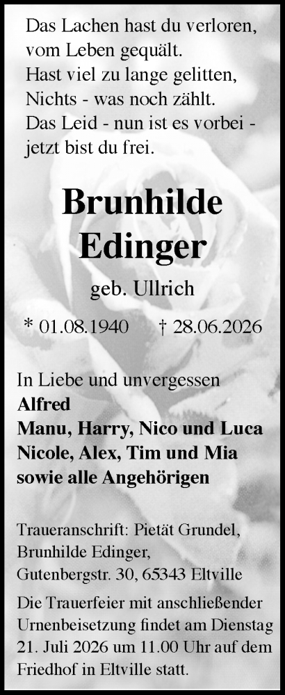 Traueranzeige von Brunhilde Edinger von Wiesbadener Kurier