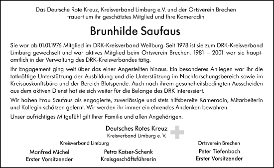 Traueranzeige von Brunhilde Saufaus von Nassauische Neue Presse