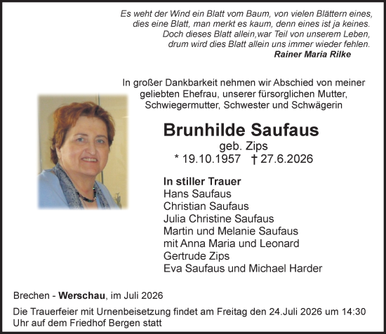 Traueranzeige von Brunhilde Saufaus von Camberger Anzeiger