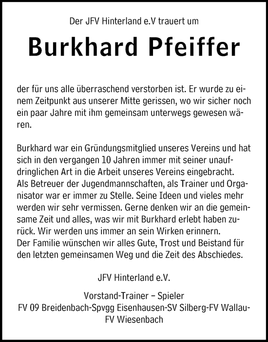 Traueranzeige von Burkhard Pfeiffer von Hinterländer Anzeiger