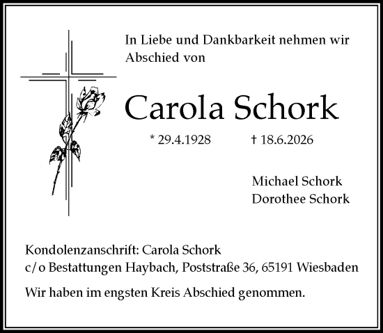 Traueranzeige von Carola Schork von Wiesbadener Kurier