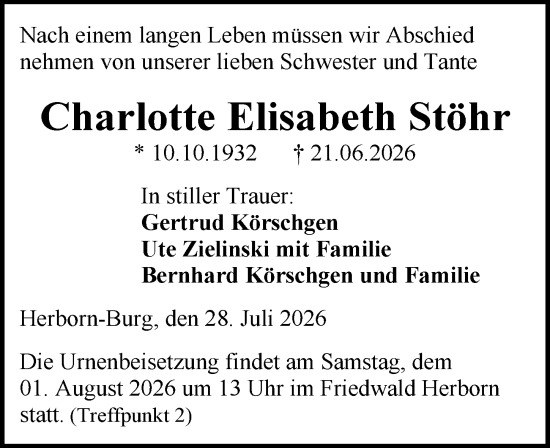 Traueranzeige von Charlotte Elisabeth Stöhr von Dill Block