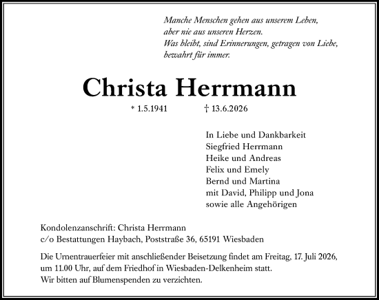 Traueranzeige von Christa Herrmann von Wiesbadener Kurier
