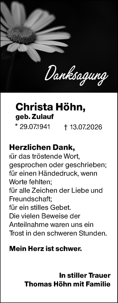 Traueranzeige von Christa Höhn von Allgemeine Zeitung Mainz