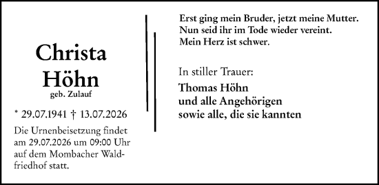 Traueranzeige von Christa Höhn von Allgemeine Zeitung Mainz