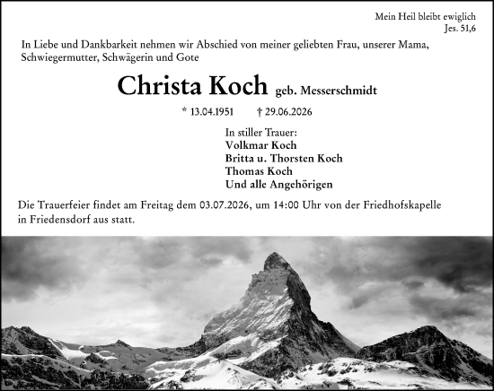 Traueranzeige von Christa Koch von Hinterländer Anzeiger
