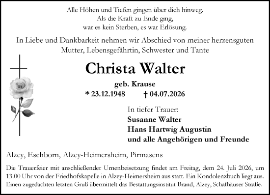 Traueranzeige von Christa Walter von Allgemeine Zeitung Alzey