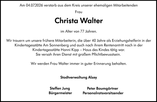 Traueranzeige von Christa Walter von Allgemeine Zeitung Alzey