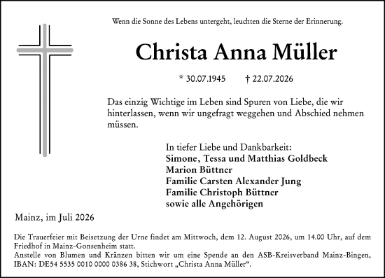 Traueranzeige von Christa Anna Müller von Allgemeine Zeitung Mainz