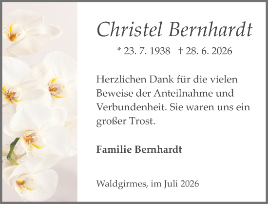 Traueranzeige von Christel Bernhardt von Wetzlarer Neue Zeitung