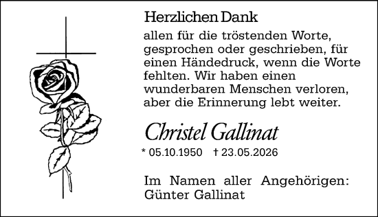 Traueranzeige von Christel Gallinat von Odenwälder Echo