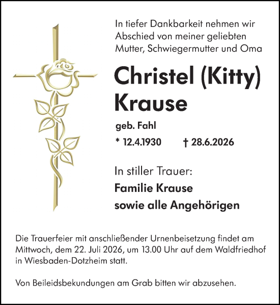 Traueranzeige von Christel Krause von Wiesbadener Kurier