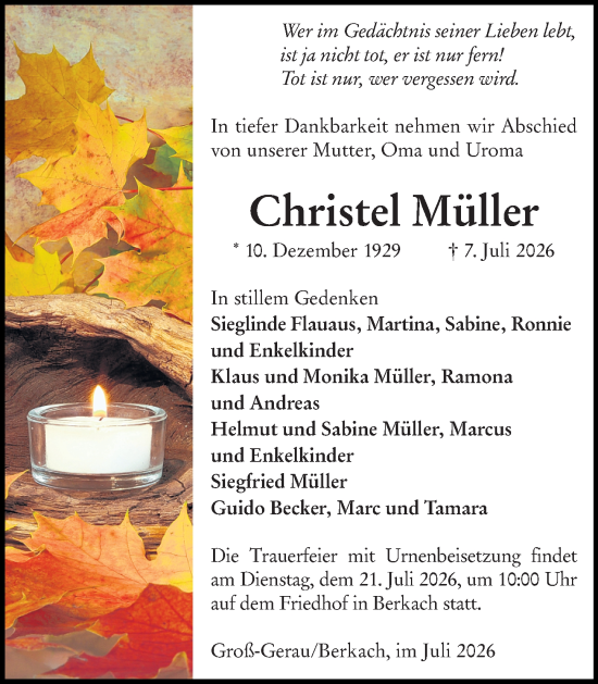 Traueranzeige von Christel Müller von Groß-Gerauer Echo