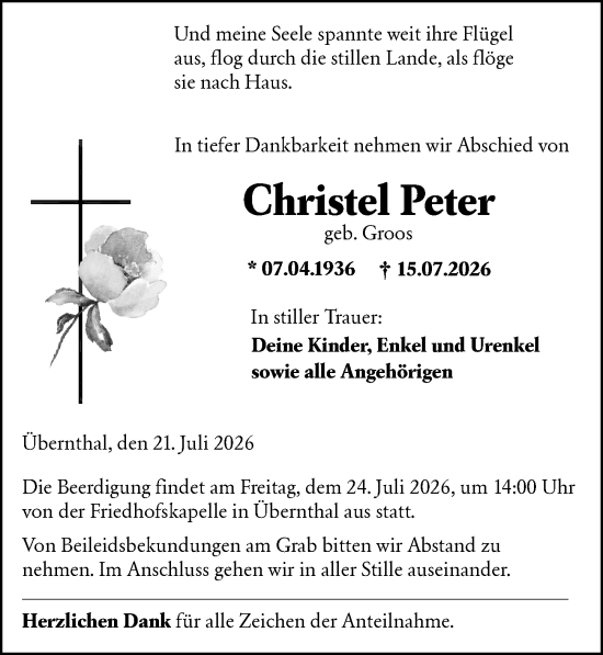Traueranzeige von Christel Peter von Dill Block