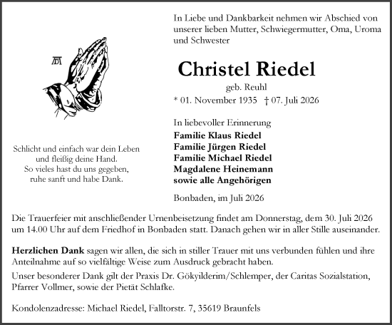 Traueranzeige von Christel Riedel von Wetzlarer Neue Zeitung