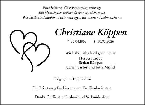 Traueranzeige von Christiane Köppen von Dill Block