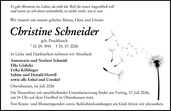 Traueranzeige von Christine Schneider von Weilburger Tageblatt