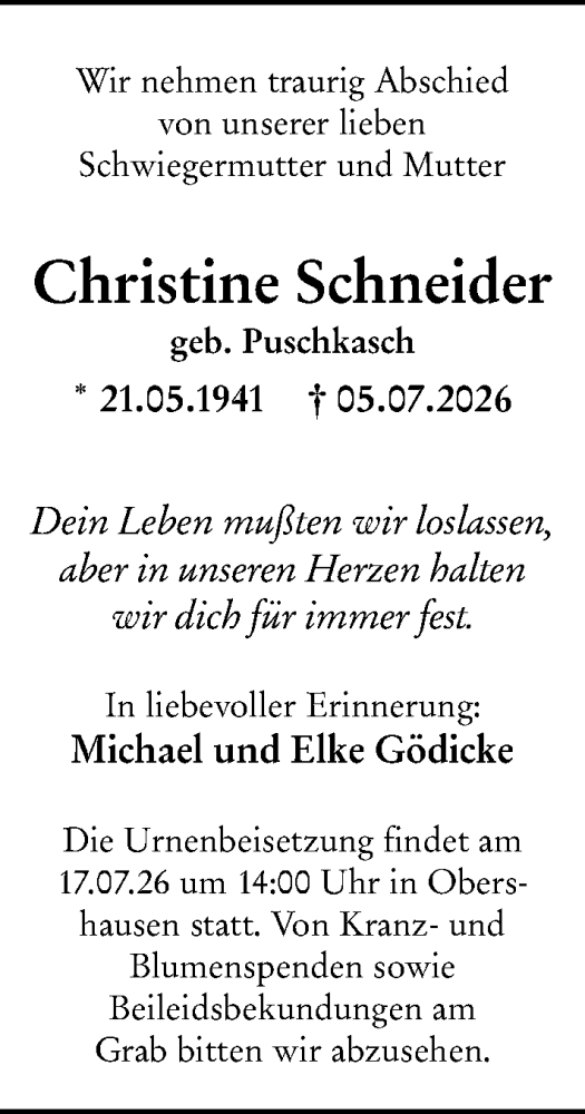 Traueranzeige von Christine Schneider von Weilburger Tageblatt